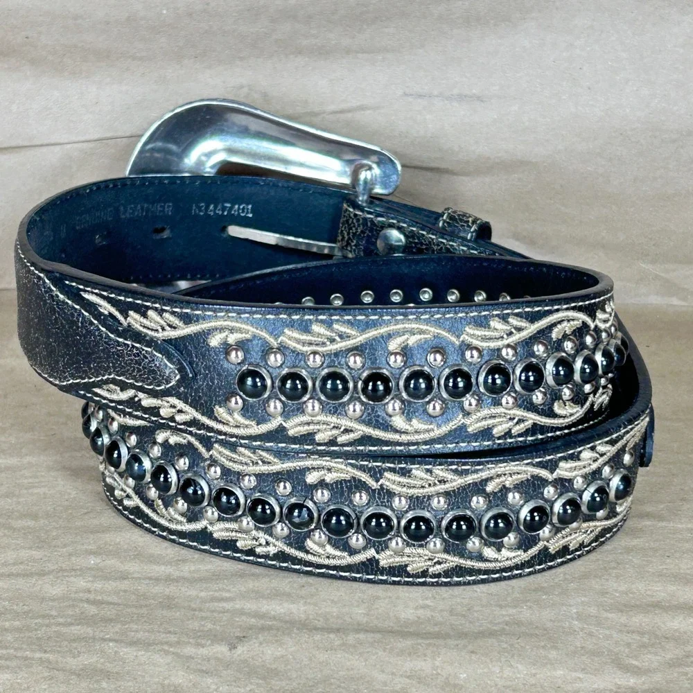 Nocona Belt Mens M Black Distressed Leather Embroidered Studded Engraved Buckle